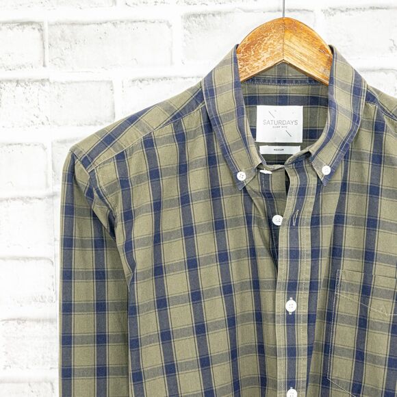 SATURDAYS Surf NYC Men's Button Down Shirt Green Blue Check Size Medium - Picture 4 of 6